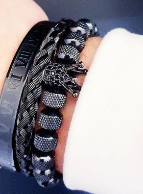 Luxury Set Crown Charms Man Bracelet Roman Stainless Steel