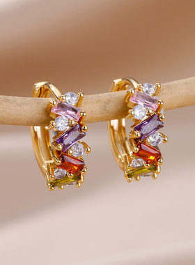 2024 Rainbow Colored Zircon Earrings for Women Gold Plated