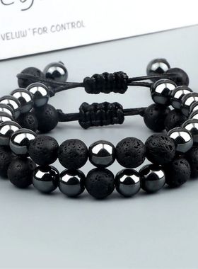 2pcs/set Natural Stone Bracelet Men Women Tiger Eye Black