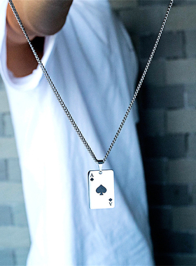 Stainless Steel Poker Card Ace of Spades Pendant Chain
