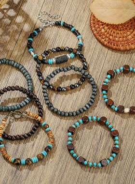 Vintage men's handmade wooden beads bracelet multi-layered