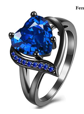 Couple Rings Romantic Women Heart Blue Rhinestones Zircon