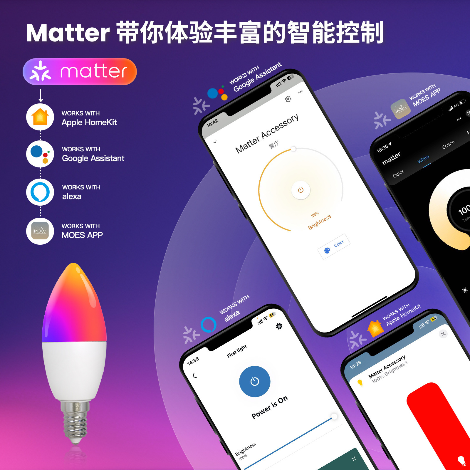 Matter涂鸦智能WiFi灯泡可调光Led灯1600万app远程控制RGB蜡烛灯-图0