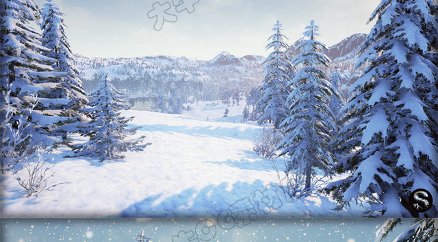 Ue4 unreal UE5 winter snow scene lake ice surface snow mountain woods falling snow environment snow footprints material