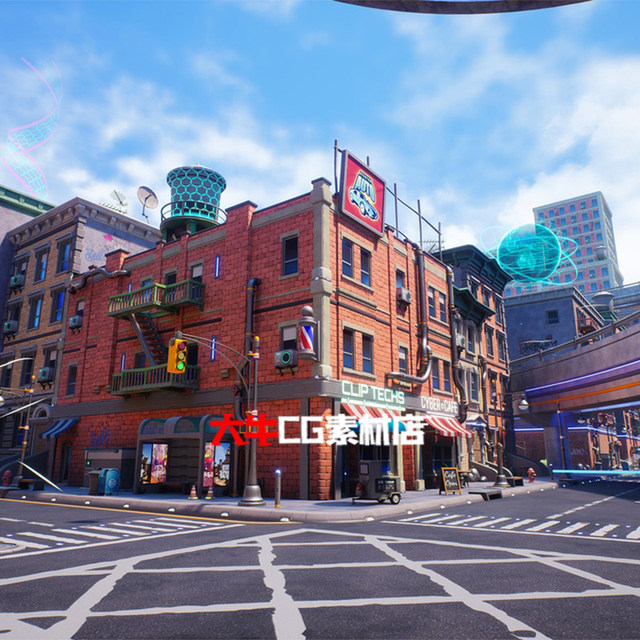 UE5 Unreal Stylized City Street Cartoon Shop Model Red Brick Urban Viaduct Building Scene