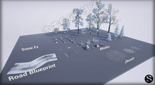 Ue4 unreal UE5 winter snow scene lake ice surface snow mountain woods falling snow environment snow footprints material