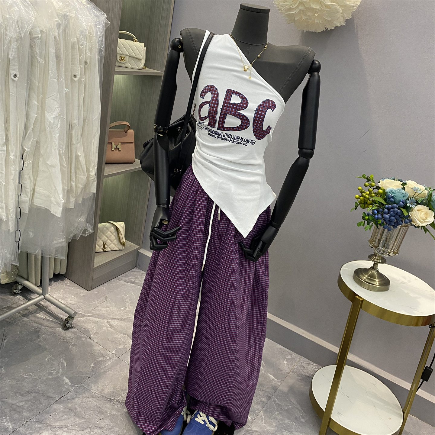 美式复古辣妹风斜肩字母印花吊带背心搭高腰显瘦格子阔腿裤两件套,淘宝优惠券,粉丝福利购,淘宝优惠卷