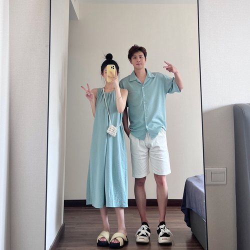 法式情侣装连衣裙子女夏季海边度假风衬衫挂脖无袖背心裙一衣一裙 - 图1