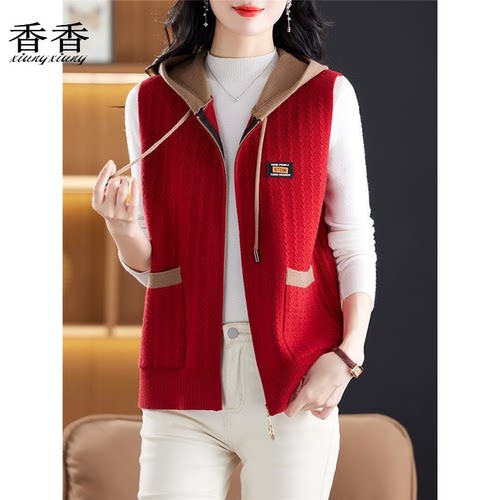 中年妈妈无袖连帽马甲女春秋季洋气针织背心开衫宽松大码毛衣马夹 - 图2