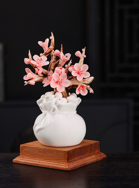 桌面装饰新中式陶瓷花瓶摆件粉色花朵手工装饰品桌面工艺品极简风
