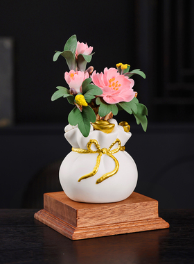 桌面装饰新中式陶瓷花瓶摆件粉色花朵手工装饰品桌面工艺品极简风