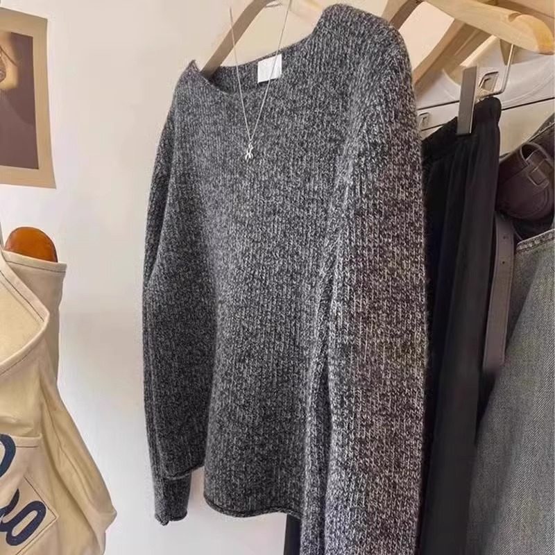 花灰色早秋薄款套头毛衣下摆卷边宽松短款内搭圆领针织长袖T恤女,淘宝优惠券,粉丝福利购,淘宝优惠卷