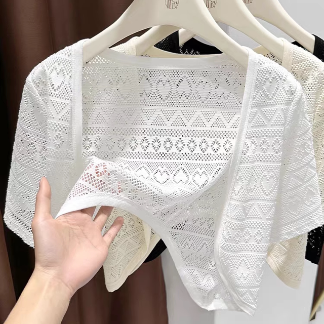 Hollow lace ປ້ອງກັນແດດ cardigan ແບບບາງໆມີ suspenders ສໍາລັບນອກ