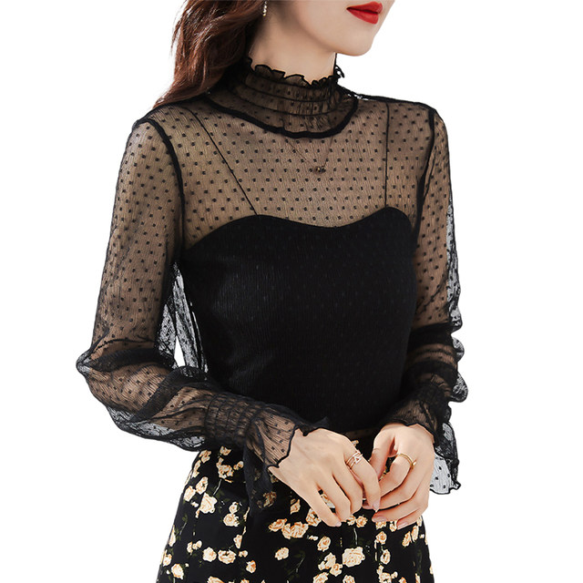 ດູໃບໄມ້ລົ່ນແລະລະດູຫນາວ polka dot mesh ສະຖານີເອີຣົບ lace bottoming ເສື້ອ