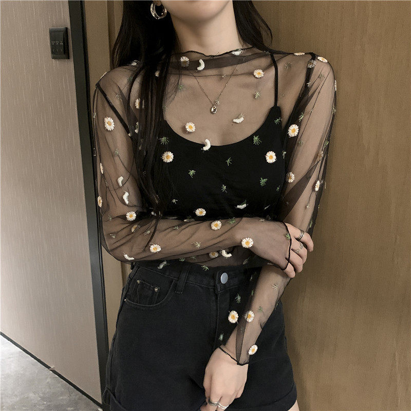 网纱打底衫女防晒衫女2021新款泫雅夏小雏菊蕾丝长袖内搭薄款上衣,淘宝优惠券,粉丝福利购,淘宝优惠卷