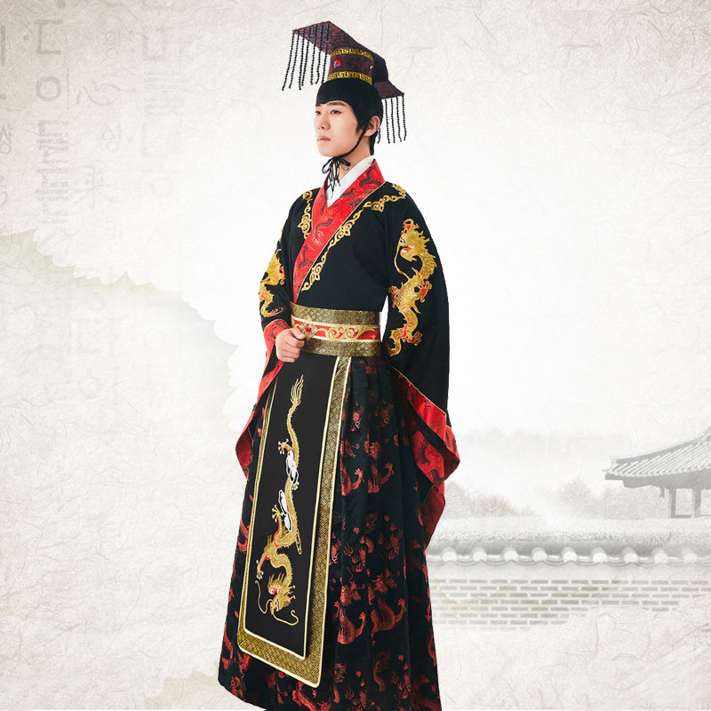 古装男古代帝王服皇帝皇上黑色龙袍秦始皇戏服演出服装祭祀主持服
