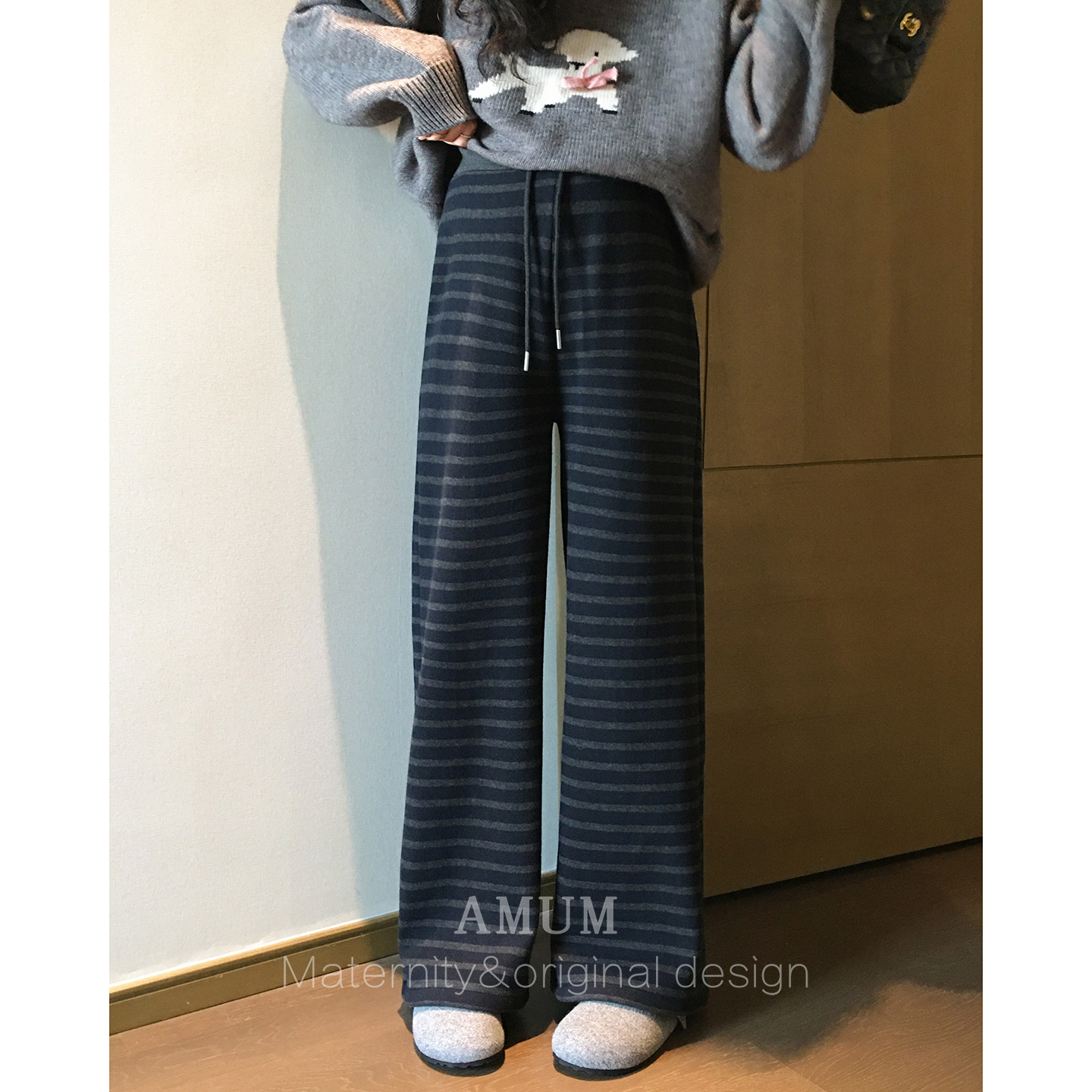 ◆AMUM孕妇装◆慵懒收藏夹~藏青条纹经典直筒加绒裤秋冬百搭裤子,淘宝优惠券,粉丝福利购,淘宝优惠卷