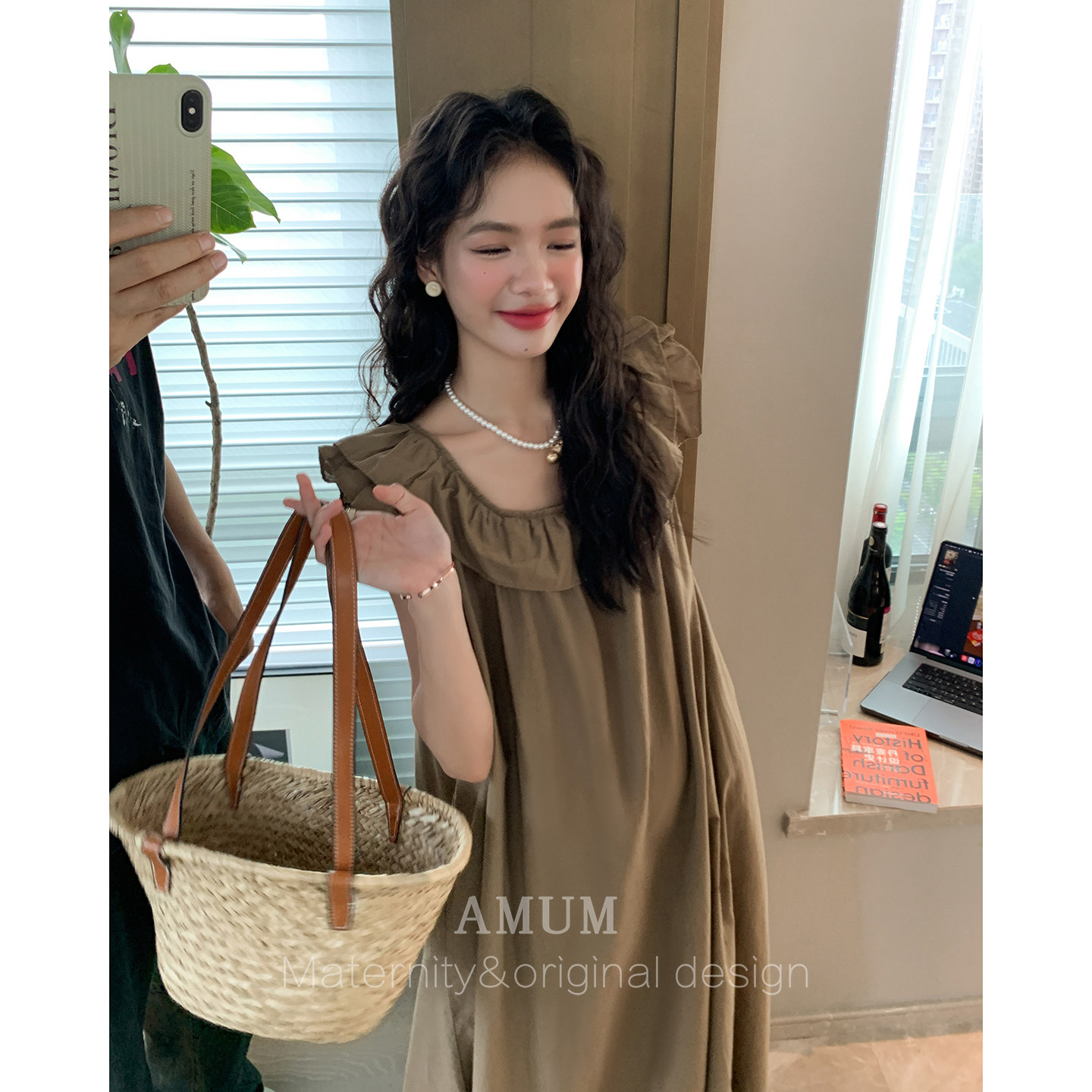 ◆AMUM孕妇装◆陌生棕茶花~荷叶领气质文艺松弛感无袖宽松连衣裙