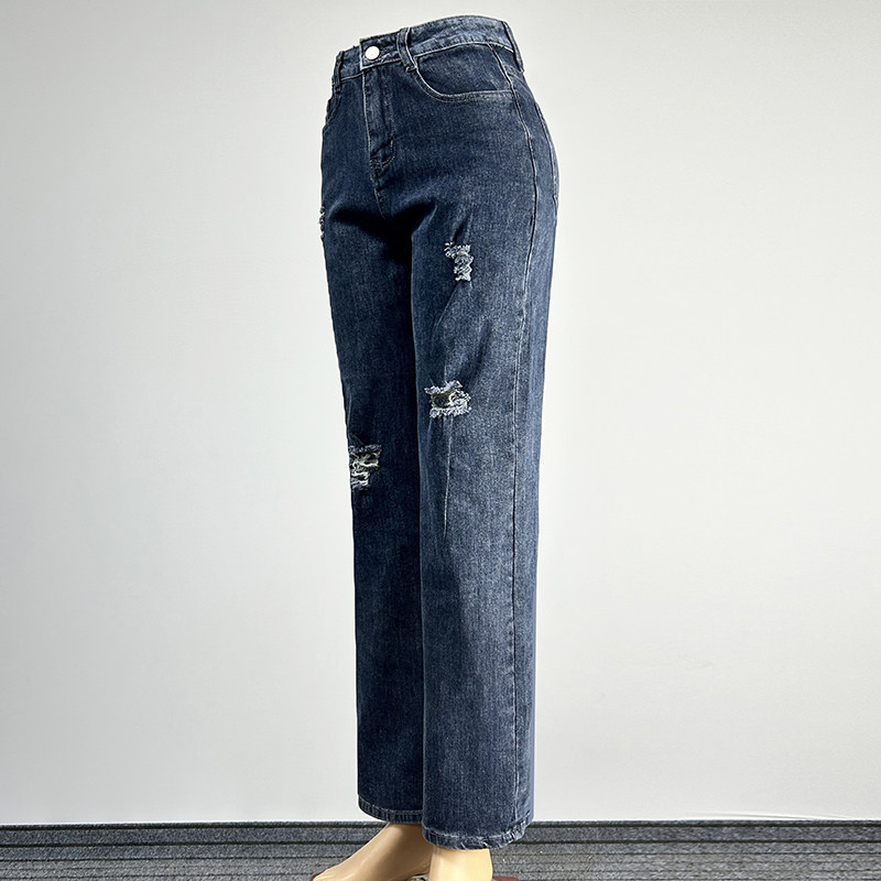 弹力高腰破洞牛仔裤长裤女2025修身显瘦水洗磨白磨烂包臀阔腿裤,淘宝优惠券,粉丝福利购,淘宝优惠卷