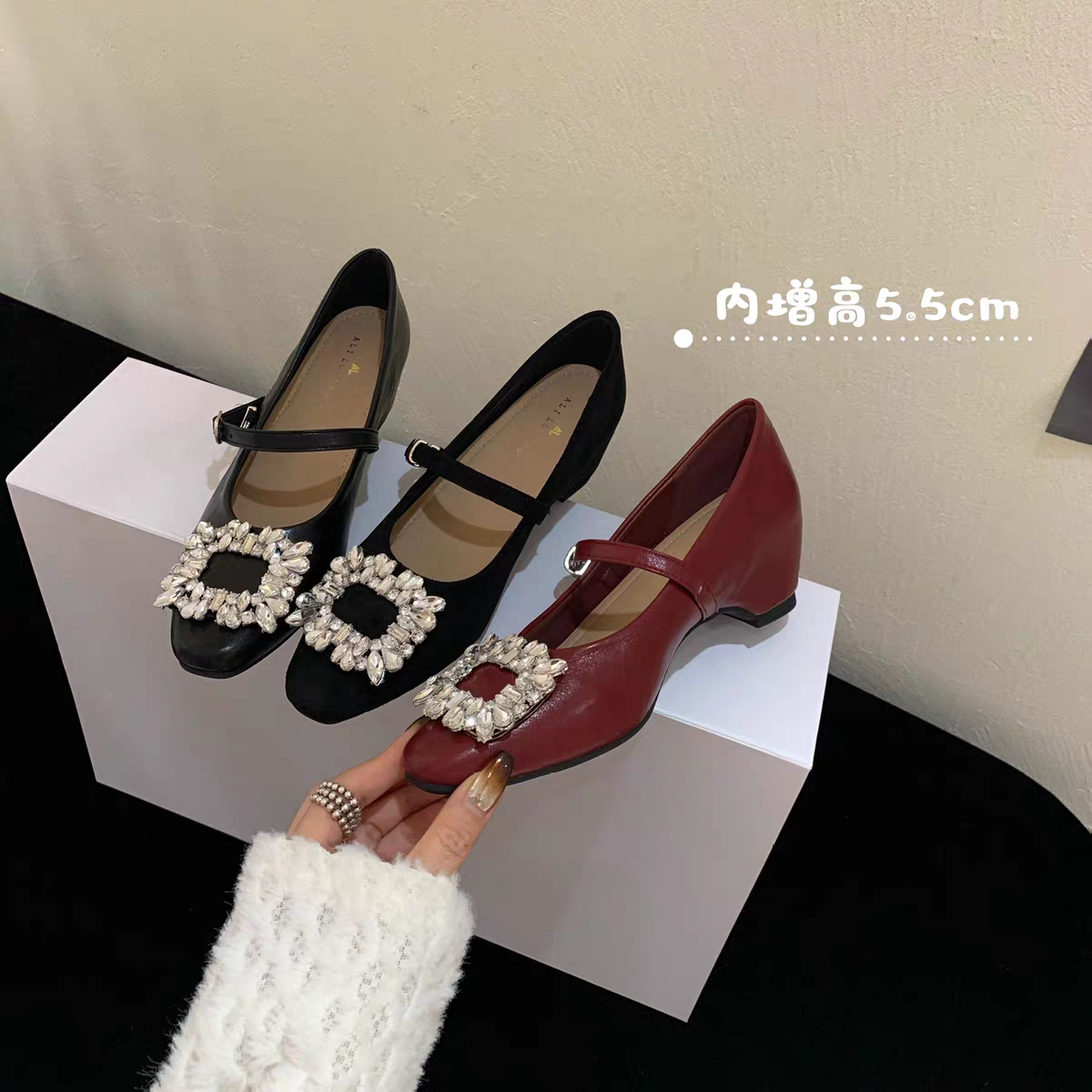 内增高单鞋女2026新款春季浅口女鞋方扣水钻高跟鞋红色玛丽珍鞋子,淘宝优惠券,粉丝福利购,淘宝优惠卷