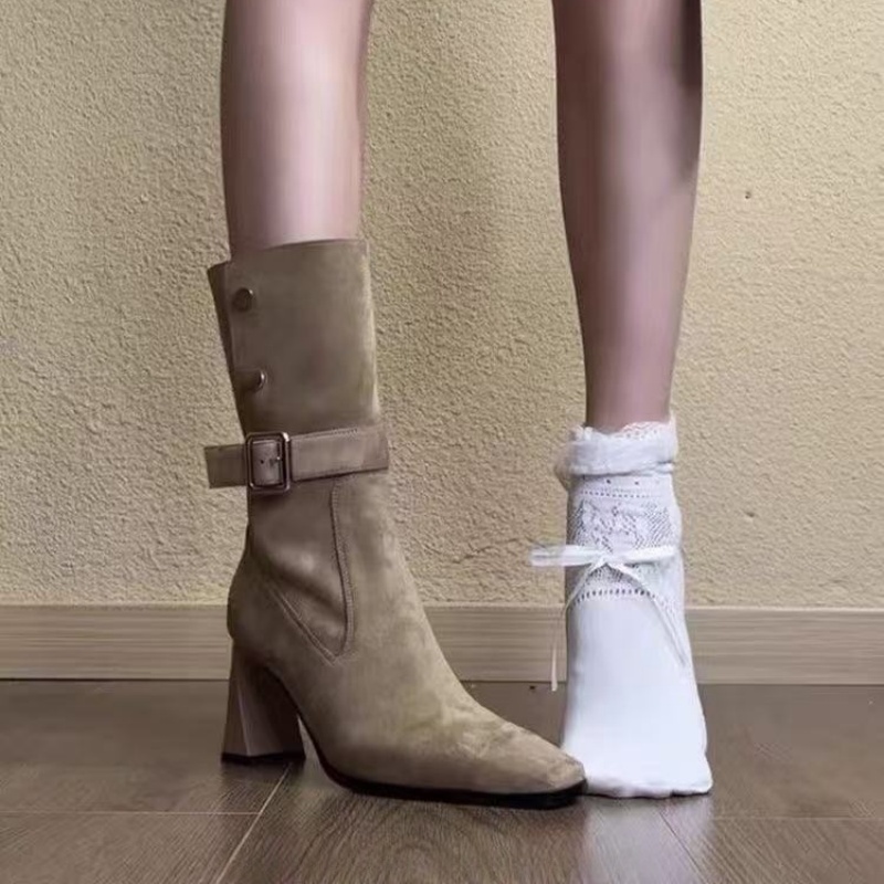 2025冬季复古风绒面粗跟翻折两穿西部牛仔靴女方头显瘦气质时装靴 - 图0