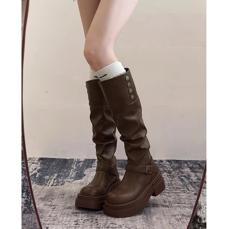 棕色复古英伦风粗跟厚底长筒靴女2025新款秋冬季显瘦长靴骑士靴子,淘宝优惠券,粉丝福利购,淘宝优惠卷