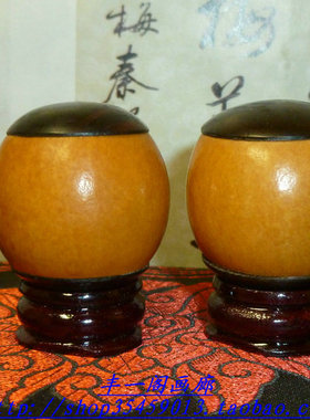 天一阁文玩精品红润包浆红木镶口圆珠手把件天然手捻把玩葫芦一对