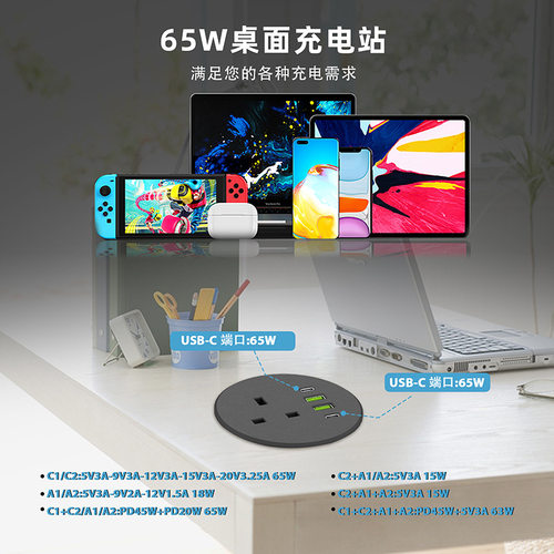 嵌入式办公桌面圆形英标插座PD65W快充圆孔暗装英规排插扭转固定 - 图2