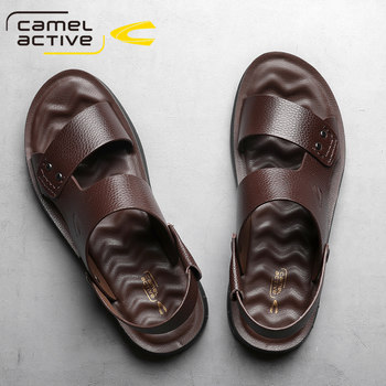 German Camel Dynamic Sandals Summer New ຫນັງແທ້ຂອງຜູ້ຊາຍ Casual ຫາດຊາຍ Soft Sole ພື້ນຜິວເກີບສອງຈຸດປະສົງແລະເກີບແຕະ