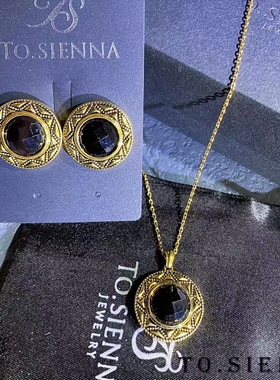 tosienna黑玛瑙镀18k金项链耳钉