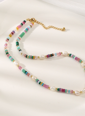 原创彩虹色五彩石巴洛克珍珠项链轻奢饰品小众百搭气质复古锁骨链