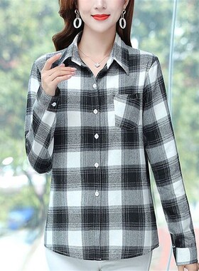 妈妈春秋装格子长袖衬衫时尚中老年宽松薄款衬衣百搭女士休闲上衣