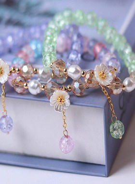 儿童手链女童紫色水晶串珠花朵手镯珠子公主女孩耐用精美便宜手串