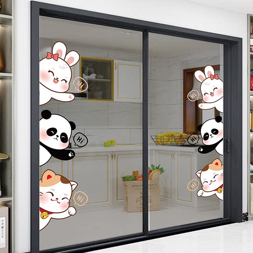 卡通小熊猫透明玻璃门小心玻璃贴纸小动物推拉门防撞无胶静电贴纸 - 图0