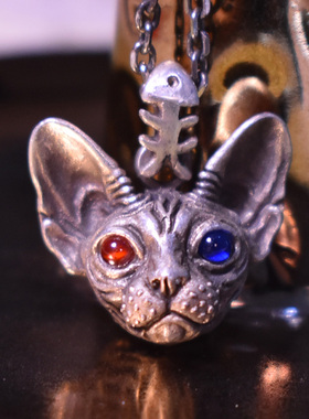 呆匠手工银饰吊坠无毛猫咪小众女