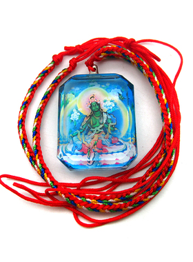 YC2543晶莹剔透绿度母唐卡水晶五彩金刚绳随身结缘防水佛咒小吊坠