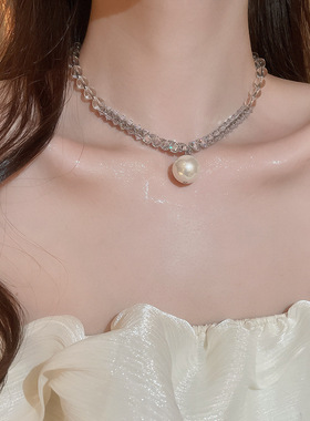小香风灰色珍珠拼碎钻吊坠项链高级感串珠轻奢锁骨链时尚气质颈链