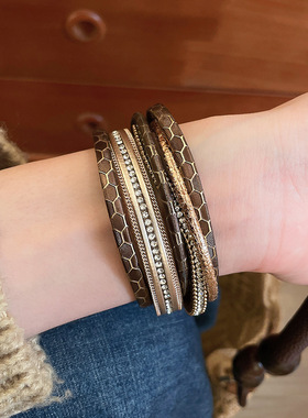 Me物论 复古废土风配饰波西米亚磁扣手链皮革镶钻多层叠戴手环女