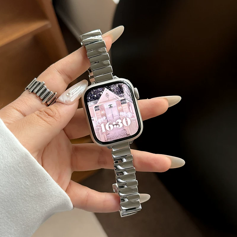 Подходит к iWatch9 Простой нержавеющий стальной продвинутый сенсорный браслет Applewatch8 Apple Watch 7 поколения Металлическая лента Нишель Иррегулярный бабочке Билдинг Лето Aevant Персональные Женские Ultra Ultra Ultra