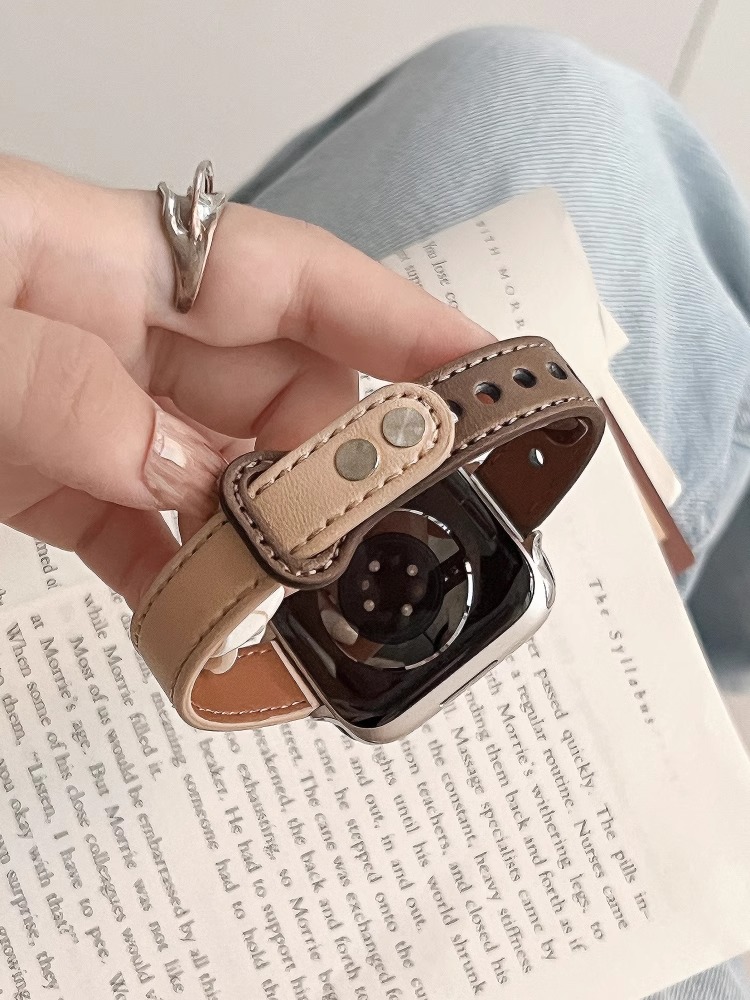 适用applewatch9表带s8苹果S9细款双拼色iwatch真皮质s7手表带3/4/5/6/ultra女款秋冬高级se小蛮腰新款创意 - 图2
