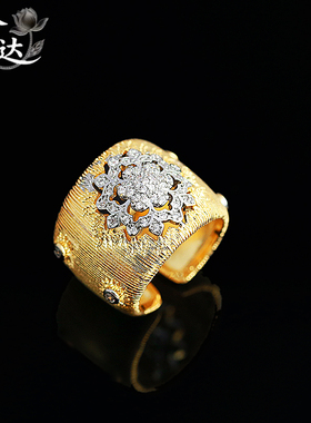 LINGLADY复古花朵戒指女镶钻可调节开口戒指