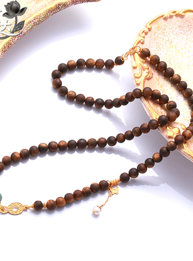 LINGLADY民族风复古檀木珠项链女金色吊坠复古饰品链