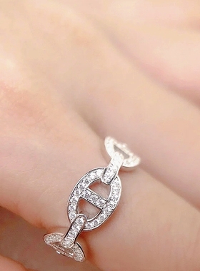 欧美风简约小众百搭高级感满钻猪鼻子链条S925纯银男女戒指食指环