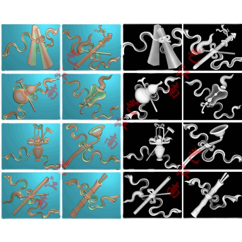 0799道家暗八仙八宝一套浮雕精雕JDP灰度图BMP格式木雕图-图1