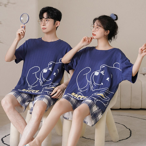 夏季情侣装睡衣女夏款女士短袖纯棉可爱男款夏天薄2025新款家居服 - 图1