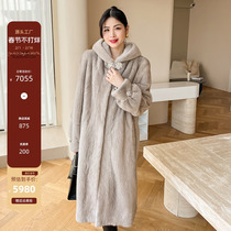 New imported whole mink velvet mink fur coat over knee long style Skirt Hem Water Mink Fur Straw Coat Lady With Cap