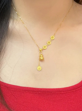 福牌小葫芦流苏吉祥如意项链黄金色仿沙金磨砂福禄吊坠高级感饰品