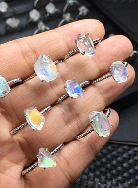 天然马岛彩虹月光戒指，s925银镶嵌  清新甜美简约气质原石款批发
