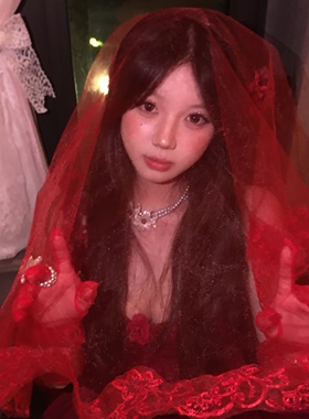 万圣节cos哥特红色头纱复仇新娘结婚礼服秀禾蕾丝遮面盖头亚文化