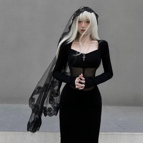Velo de encaje negro disfraz de Halloween tocado Y2k gótico Virgen María fantasma novia malla accesorios para el cabello monja